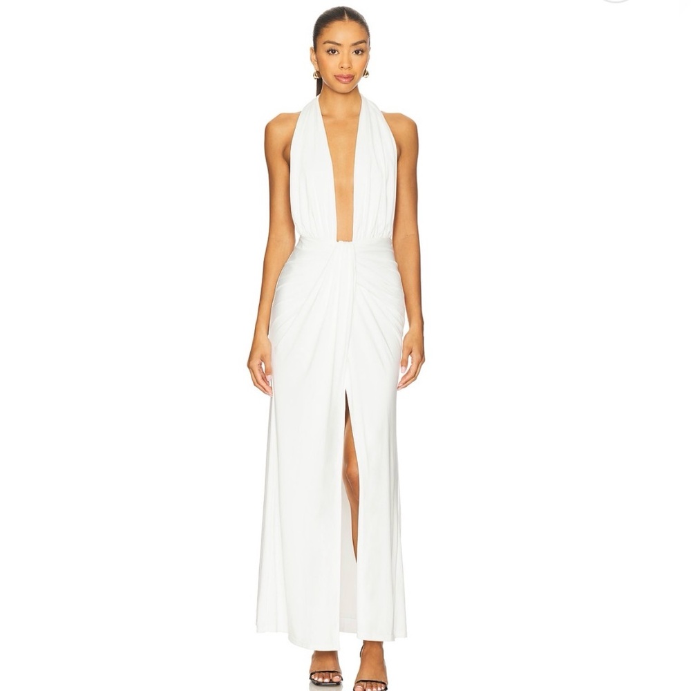 White Halter Maxi Dress - Elegant Ruched Front